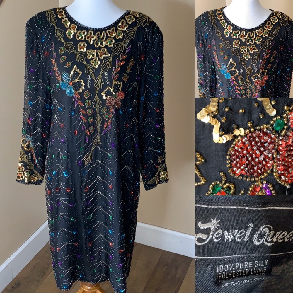 Vintage JEWEL QUEEN silk beaded dress. M